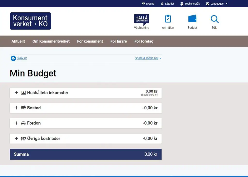 Printscreen av Konsumentverkets Budgetkalkylen, för budget privat